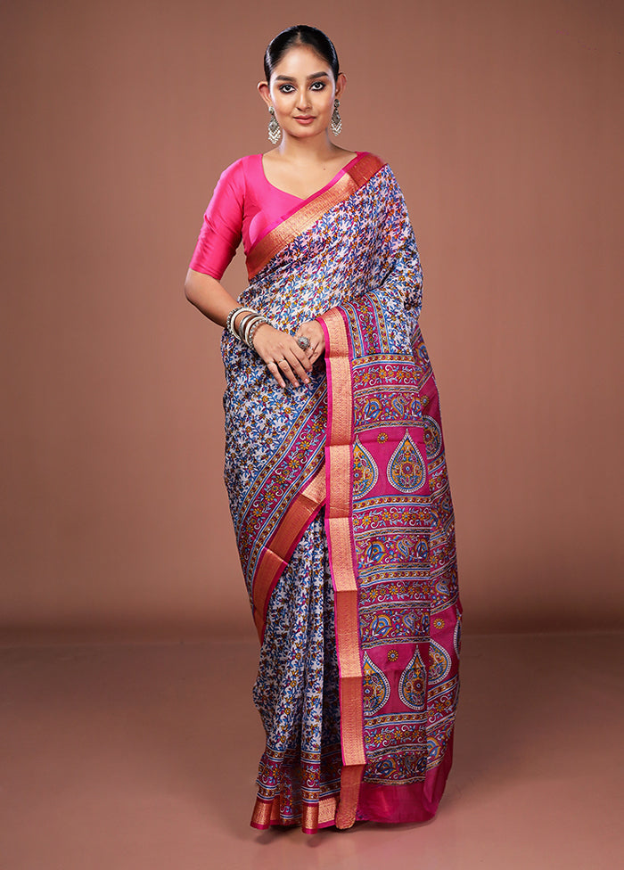 White Printed Pure Silk Saree Without Blouse Piece