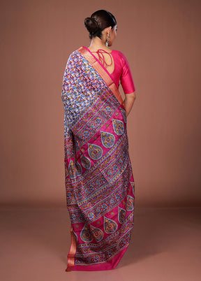 White Printed Pure Silk Saree Without Blouse Piece