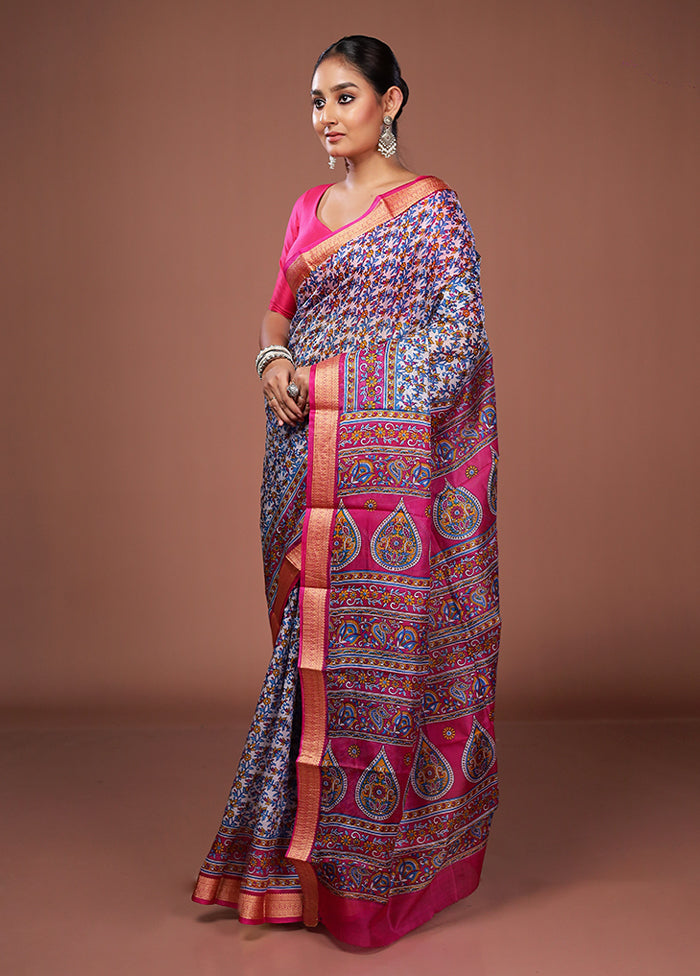 White Printed Pure Silk Saree Without Blouse Piece