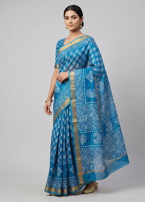 Blue Printed Silk Saree Without Blouse Piece