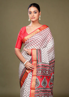 White Printed Silk Saree Without Blouse Piece