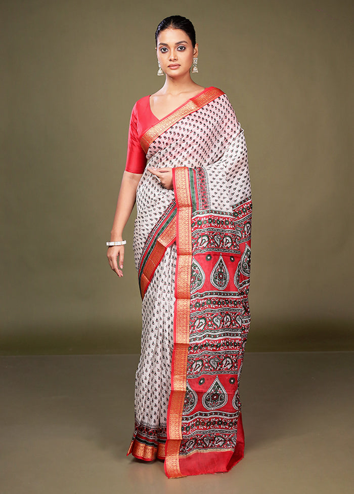 White Printed Silk Saree Without Blouse Piece