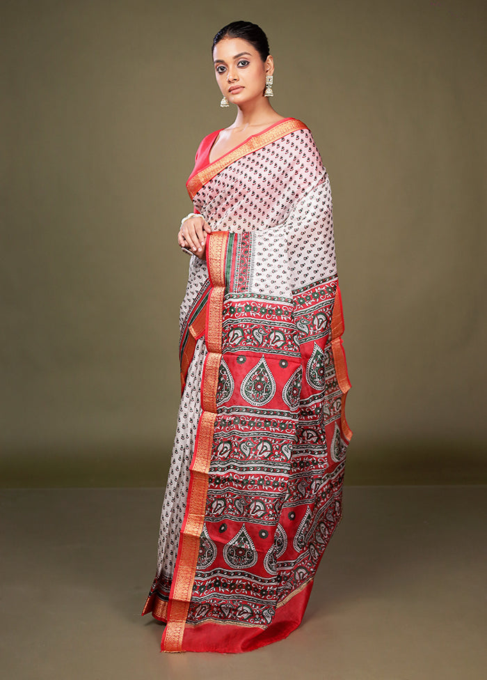 White Printed Silk Saree Without Blouse Piece