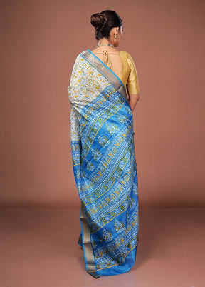 White Printed Pure Silk Saree Without Blouse Piece