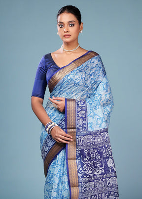 Blue Printed Pure Silk Saree Without Blouse Piece
