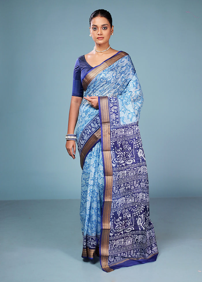 Blue Printed Pure Silk Saree Without Blouse Piece