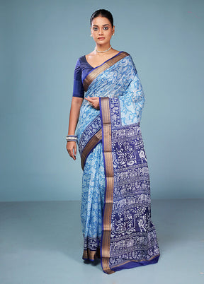 Blue Printed Pure Silk Saree Without Blouse Piece