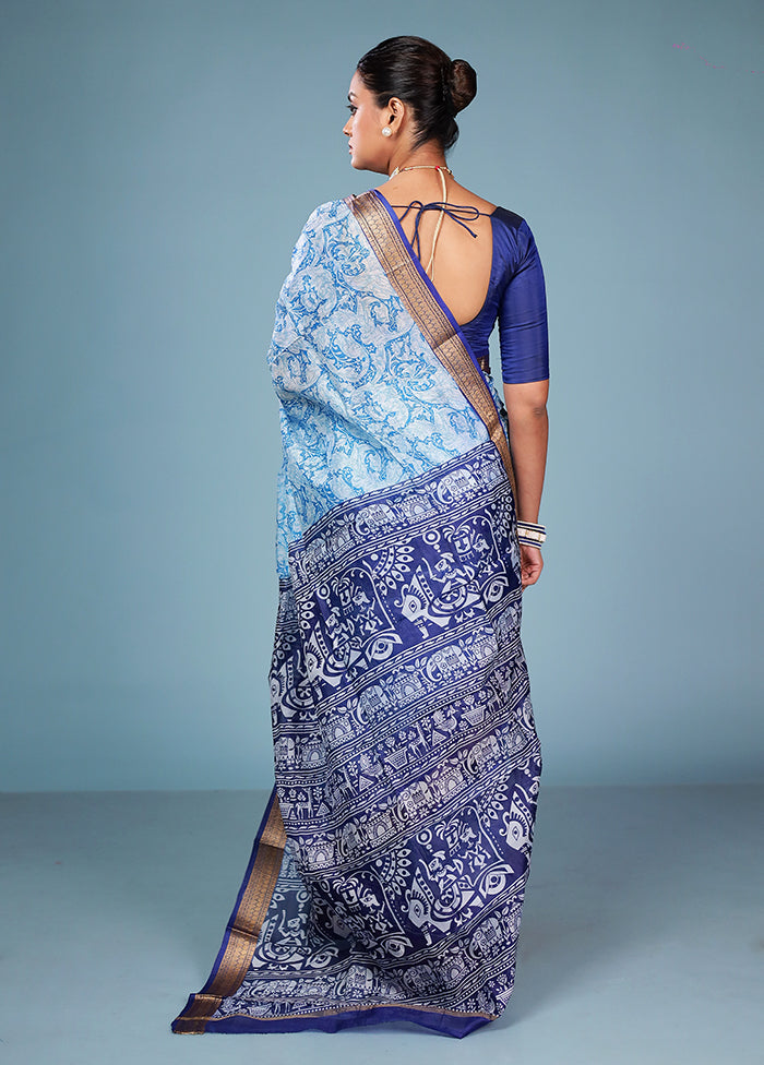 Blue Printed Pure Silk Saree Without Blouse Piece