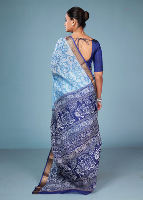 Blue Printed Pure Silk Saree Without Blouse Piece