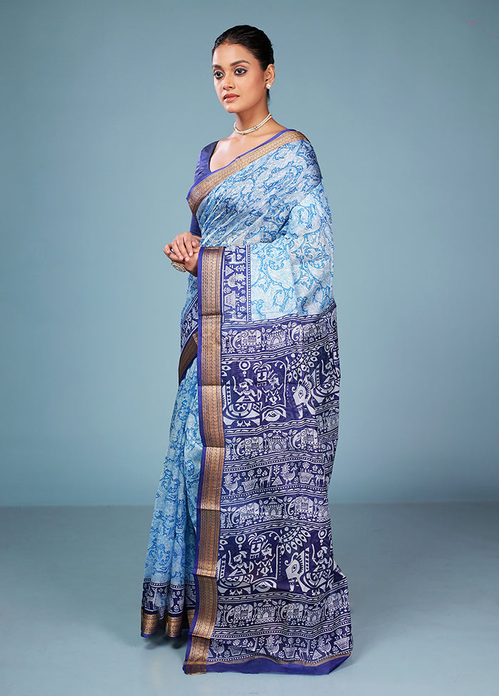 Blue Printed Pure Silk Saree Without Blouse Piece
