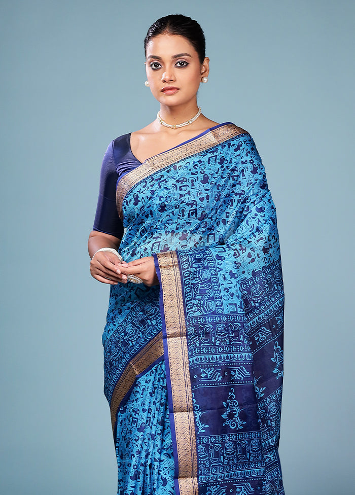 Blue Printed Silk Saree Without Blouse Piece