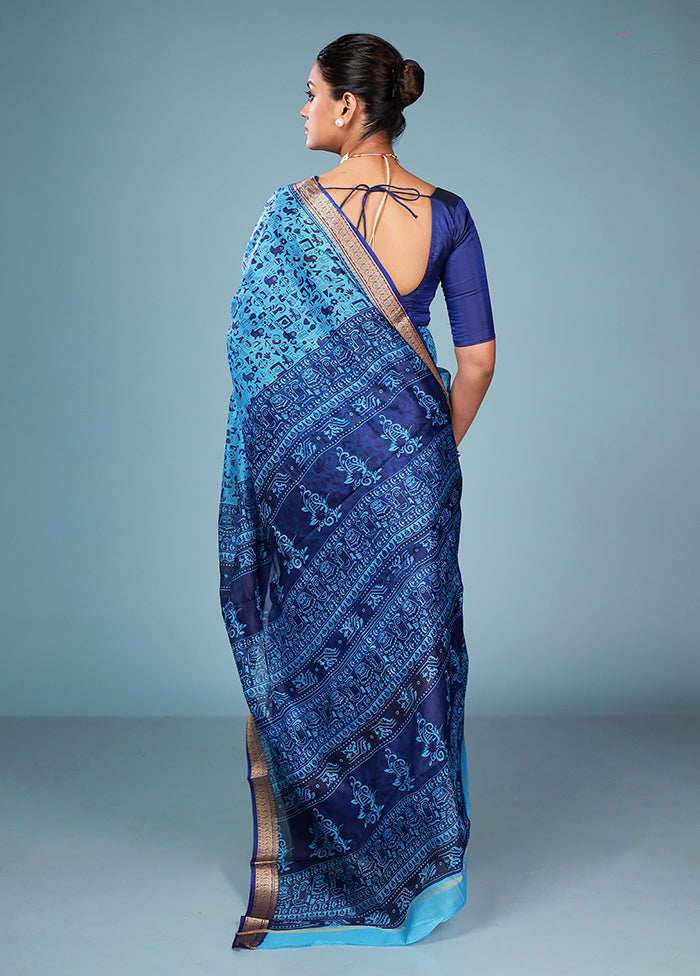 Blue Printed Silk Saree Without Blouse Piece
