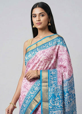 Pink Printed Pure Silk Saree Without Blouse Piece