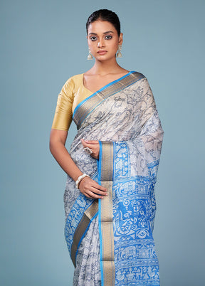 Grey Printed Silk Saree Without Blouse Piece