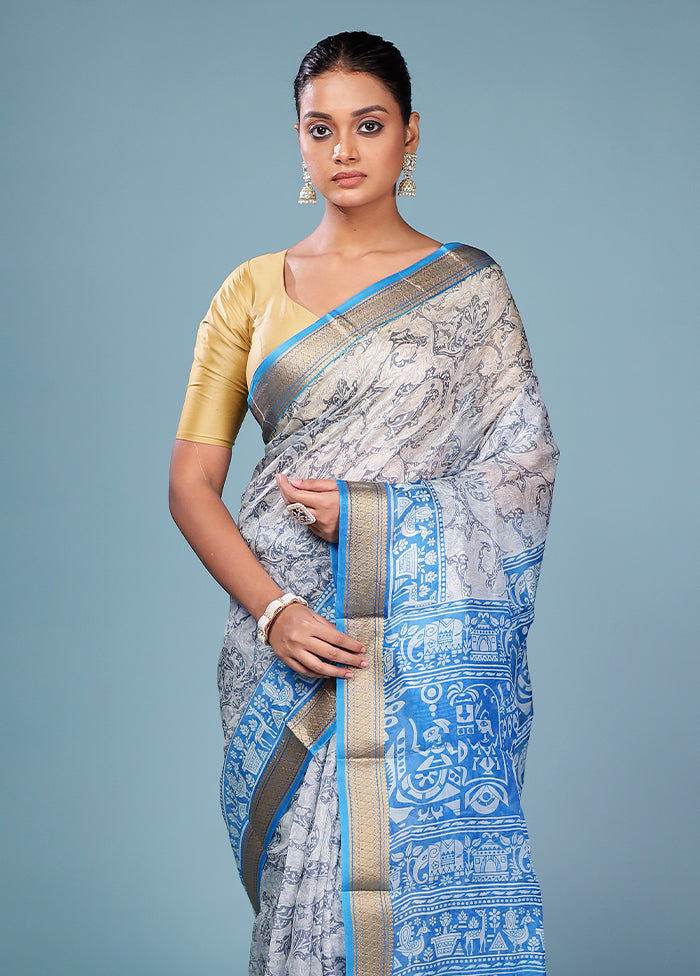 Grey Printed Silk Saree Without Blouse Piece