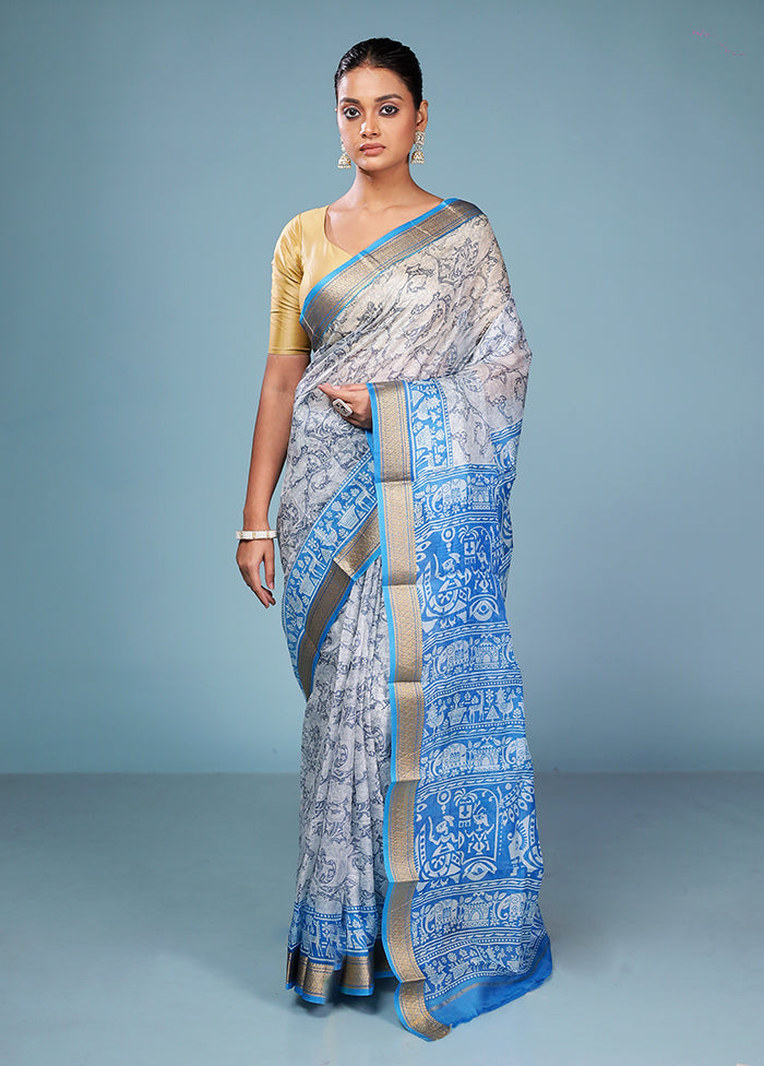 Grey Printed Silk Saree Without Blouse Piece