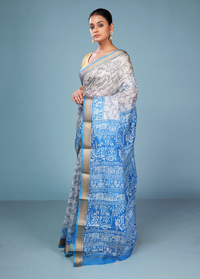 Grey Printed Silk Saree Without Blouse Piece