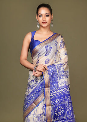 Cream Printed Silk Saree Without Blouse Piece