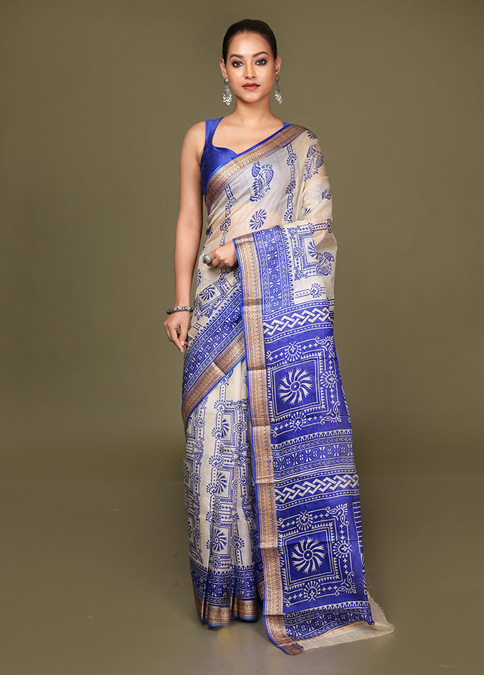 Cream Printed Silk Saree Without Blouse Piece