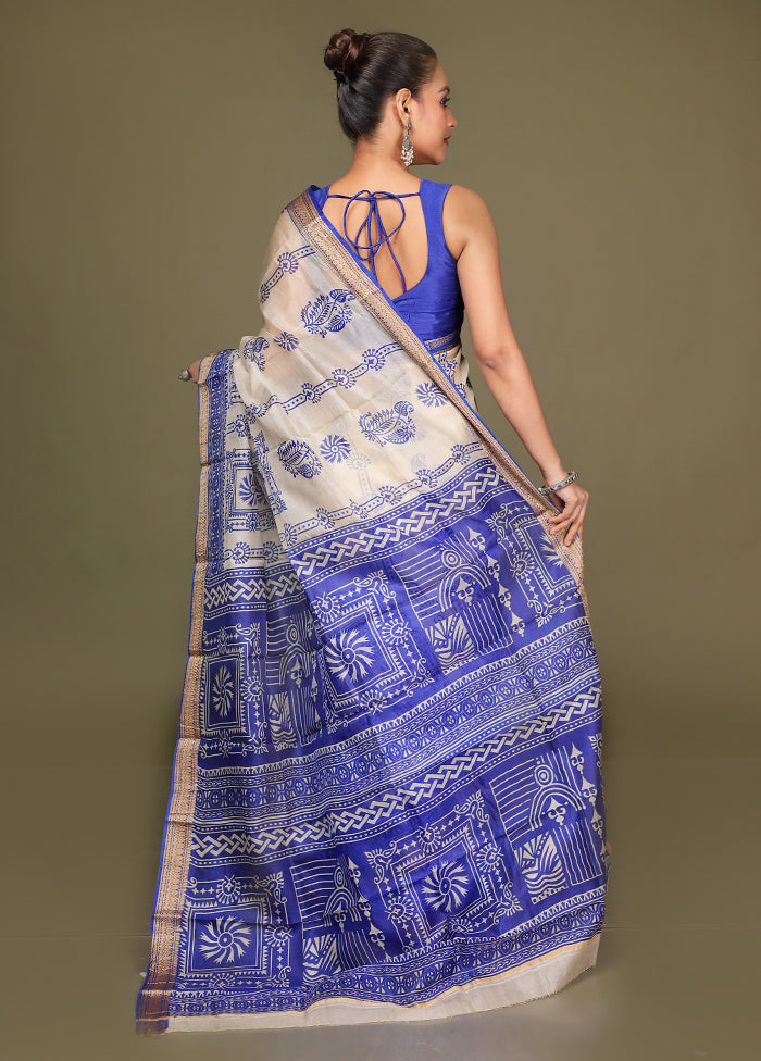 Cream Printed Silk Saree Without Blouse Piece