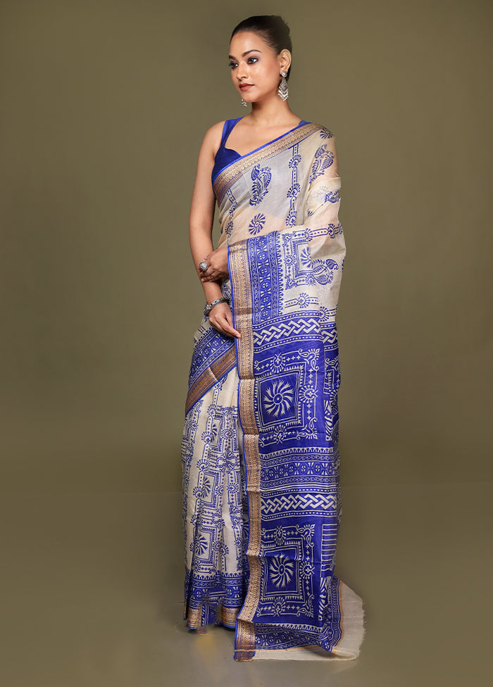 Cream Printed Silk Saree Without Blouse Piece