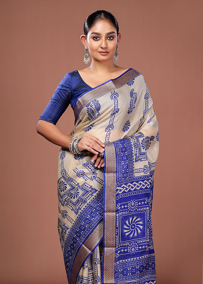 Cream Printed Pure Silk Saree Without Blouse Piece