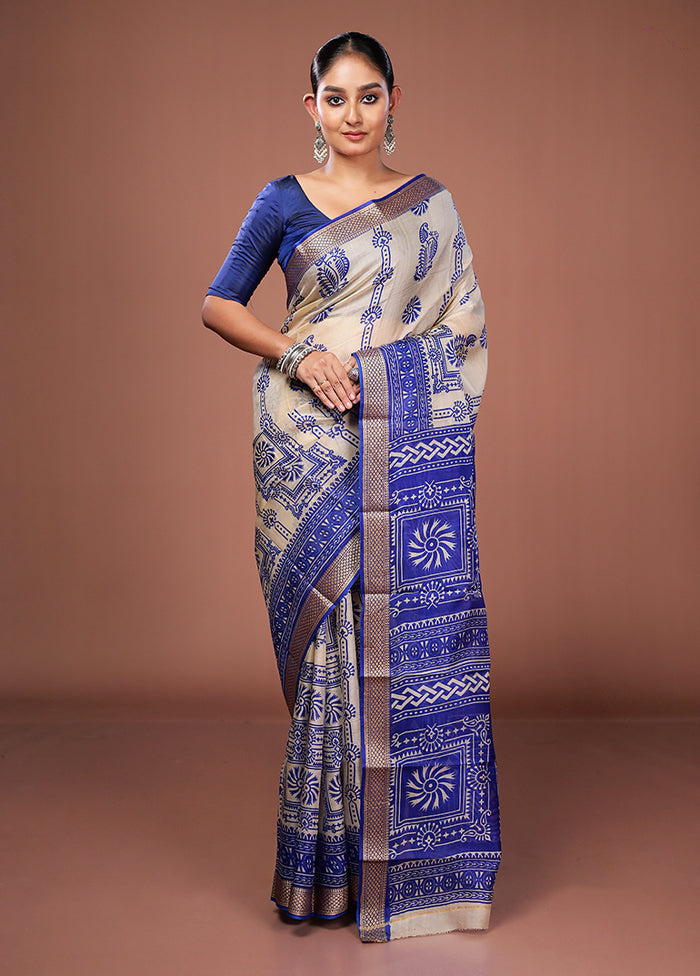 Cream Printed Pure Silk Saree Without Blouse Piece