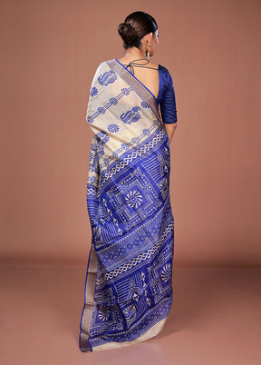 Cream Printed Pure Silk Saree Without Blouse Piece