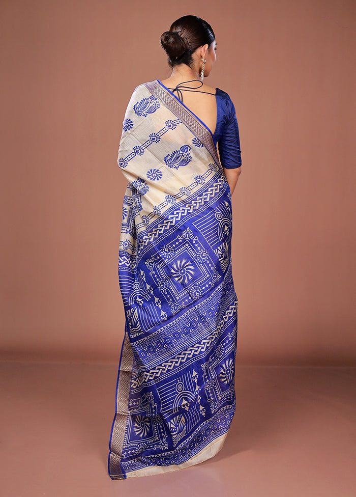 Cream Printed Pure Silk Saree Without Blouse Piece