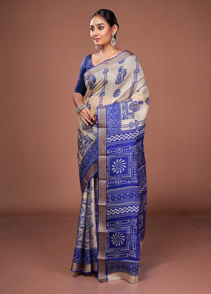 Cream Printed Pure Silk Saree Without Blouse Piece