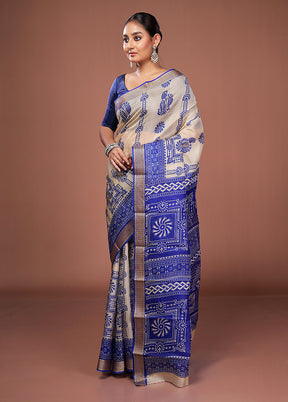 Cream Printed Pure Silk Saree Without Blouse Piece
