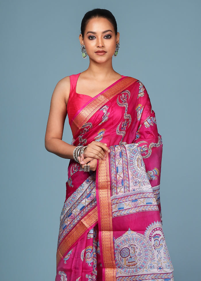 Pink Printed Pure Silk Saree Without Blouse Piece