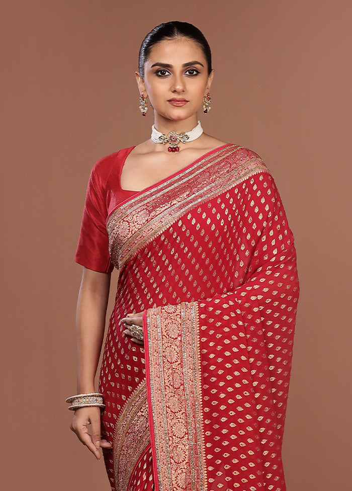 Red Handloom Pure Georgette Saree With Blouse Piece