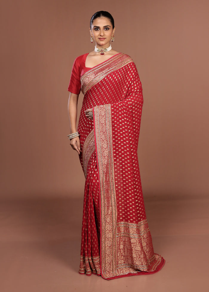 Red Handloom Pure Georgette Saree With Blouse Piece