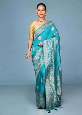 Blue Dupion Silk Saree With Blouse Piece