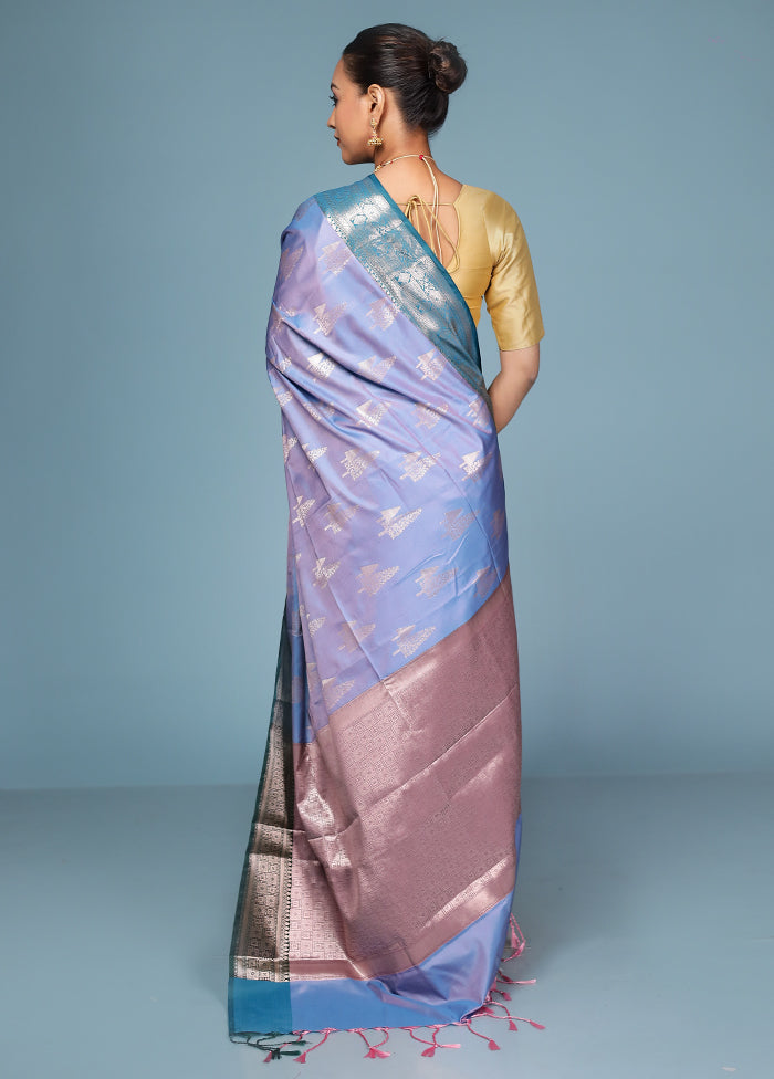 Blue Dupion Silk Saree With Blouse Piece