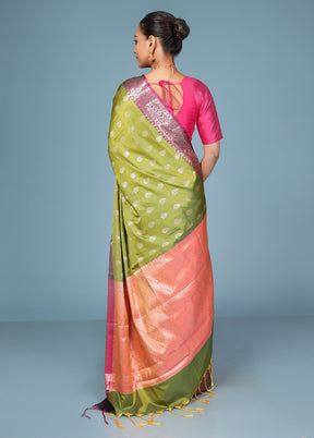 Green Dupion Silk Saree With Blouse Piece