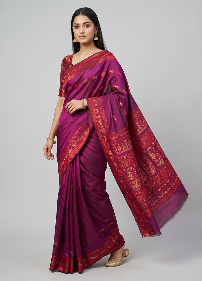 Purple Handloom Baluchari Pure Silk Saree With Blouse Piece