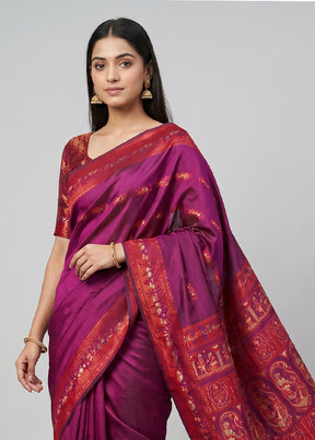Purple Handloom Baluchari Pure Silk Saree With Blouse Piece