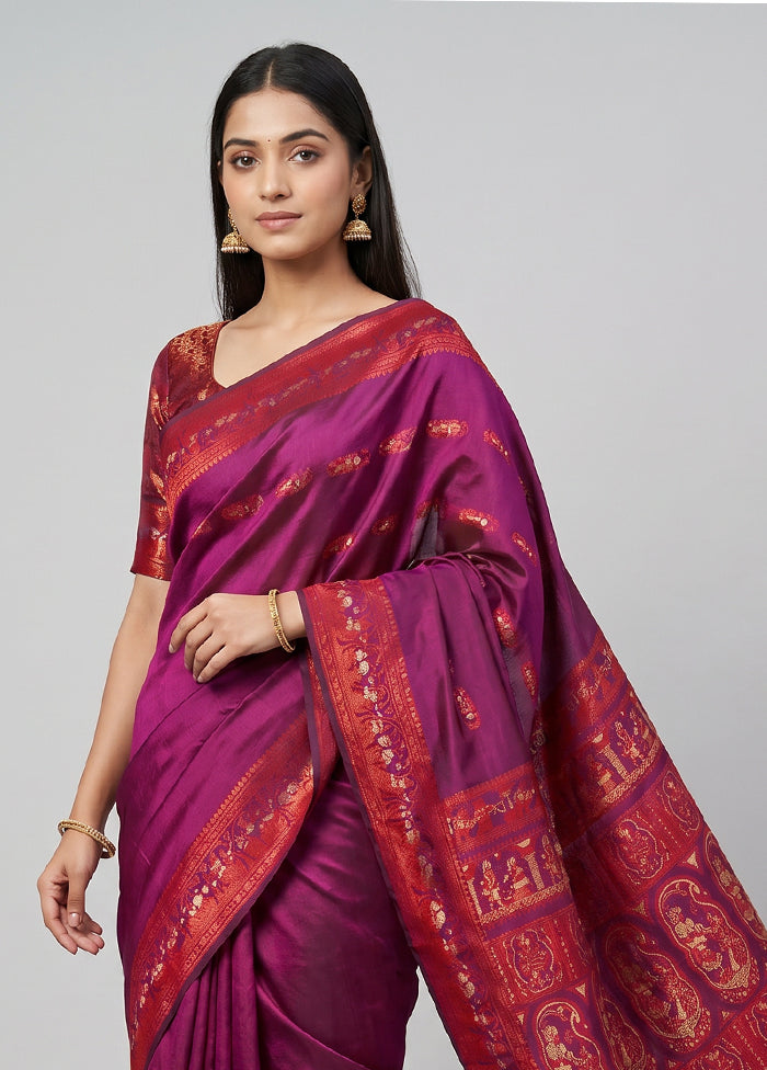 Purple Handloom Baluchari Pure Silk Saree With Blouse Piece