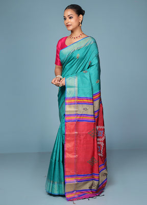 Green Handloom Kanjivaram Pure Silk Saree With Blouse Piece