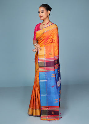 Blue Handloom Kanjivaram Pure Silk Saree With Blouse Piece