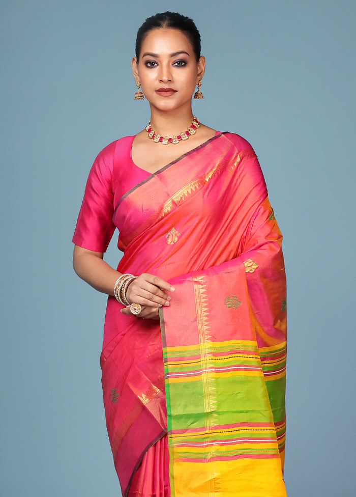 Pink Handloom Kanjivaram Pure Silk Saree With Blouse Piece