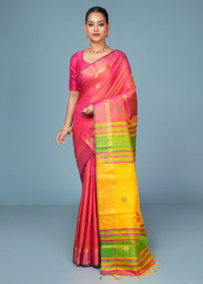 Pink Handloom Kanjivaram Pure Silk Saree With Blouse Piece