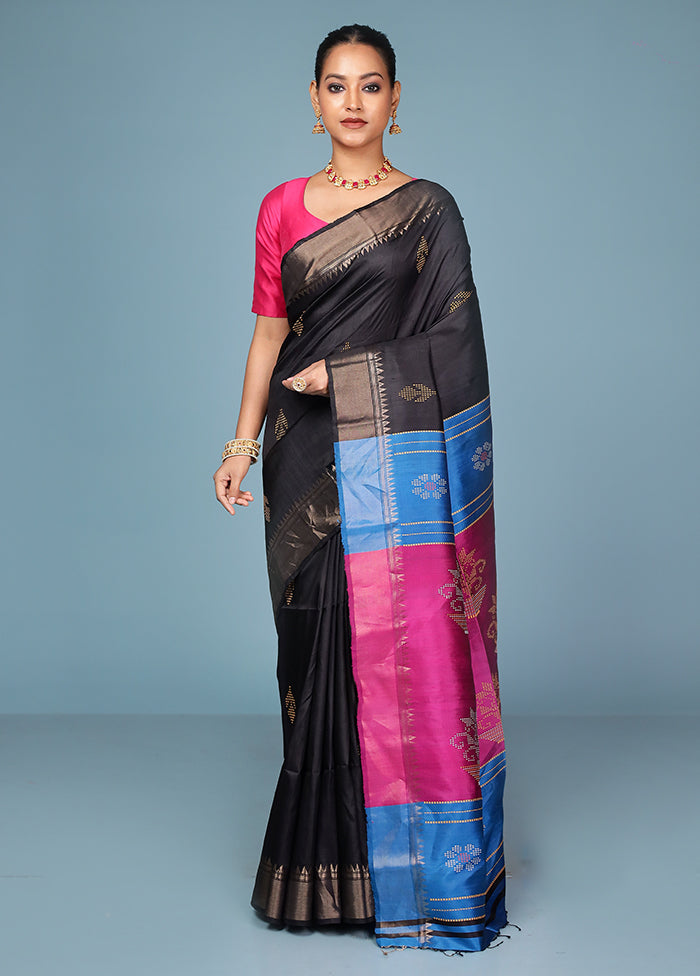 Black Handloom Kanjivaram Pure Silk Saree With Blouse Piece