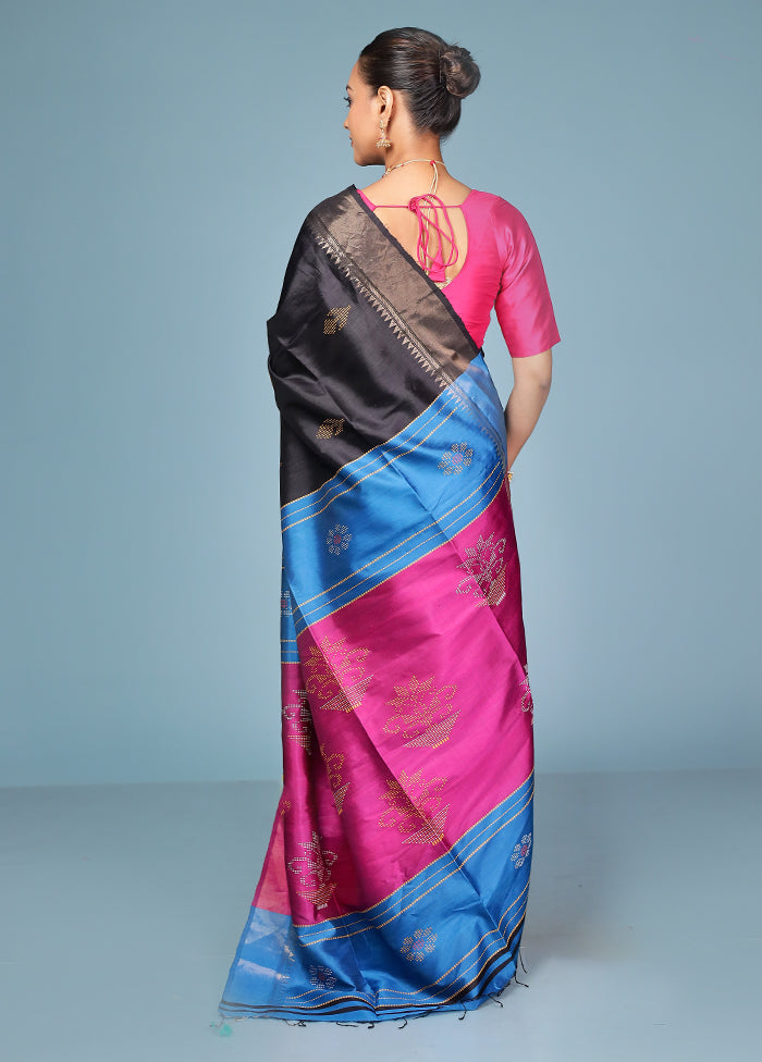 Black Handloom Kanjivaram Pure Silk Saree With Blouse Piece