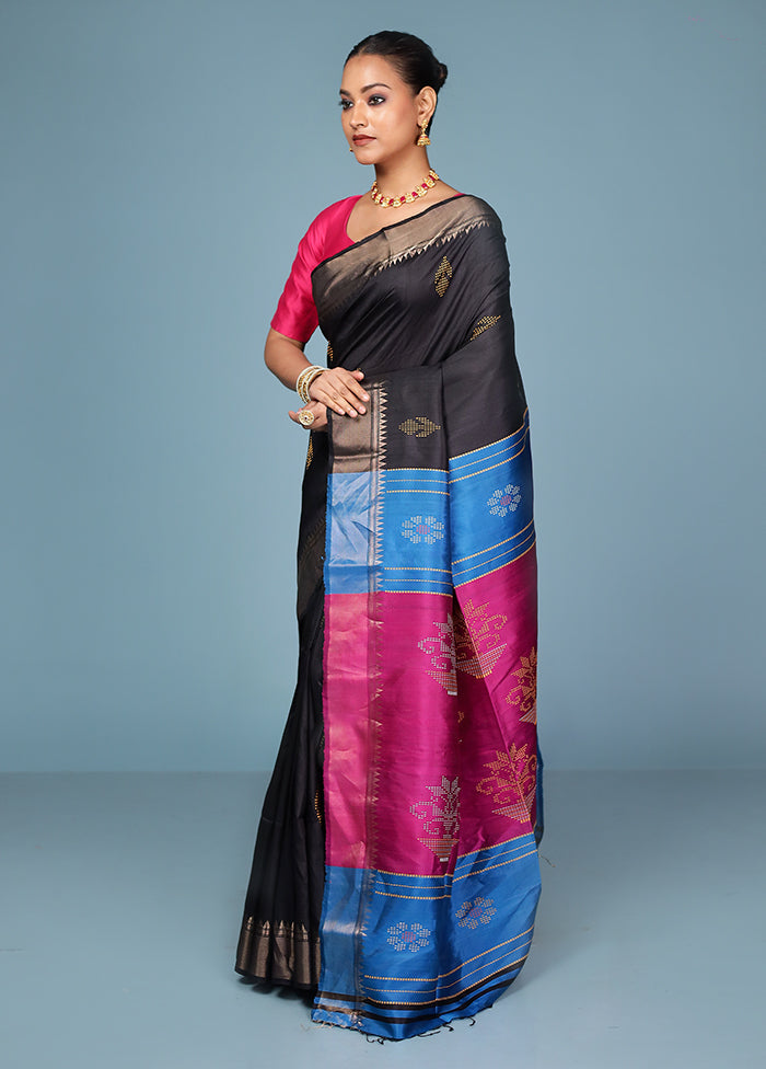Black Handloom Kanjivaram Pure Silk Saree With Blouse Piece