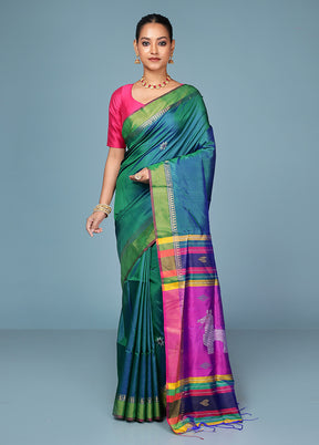 Green Handloom Kanjivaram Pure Silk Saree With Blouse Piece