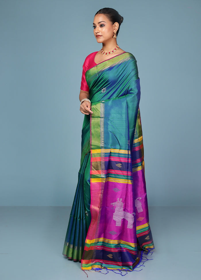 Green Handloom Kanjivaram Pure Silk Saree With Blouse Piece