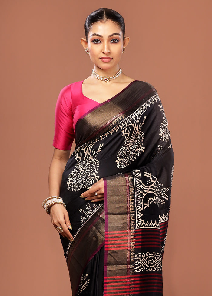 Black Printed Pure Silk Saree Without Blouse Piece